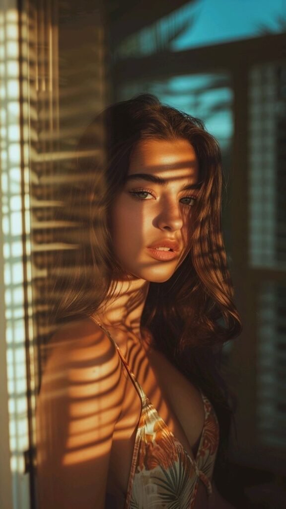 0fa8d555-5620-4963-85aa-6ce27e3a8b04 Portrait of a woman bathed in sunset light filtered through blinds, creating dramatic shadows. Summer vibes, serene expression. - Handy Home Portrait of a woman bathed in sunset light filtered through blinds, creating dramatic shadows. Summer vibes, serene expression.