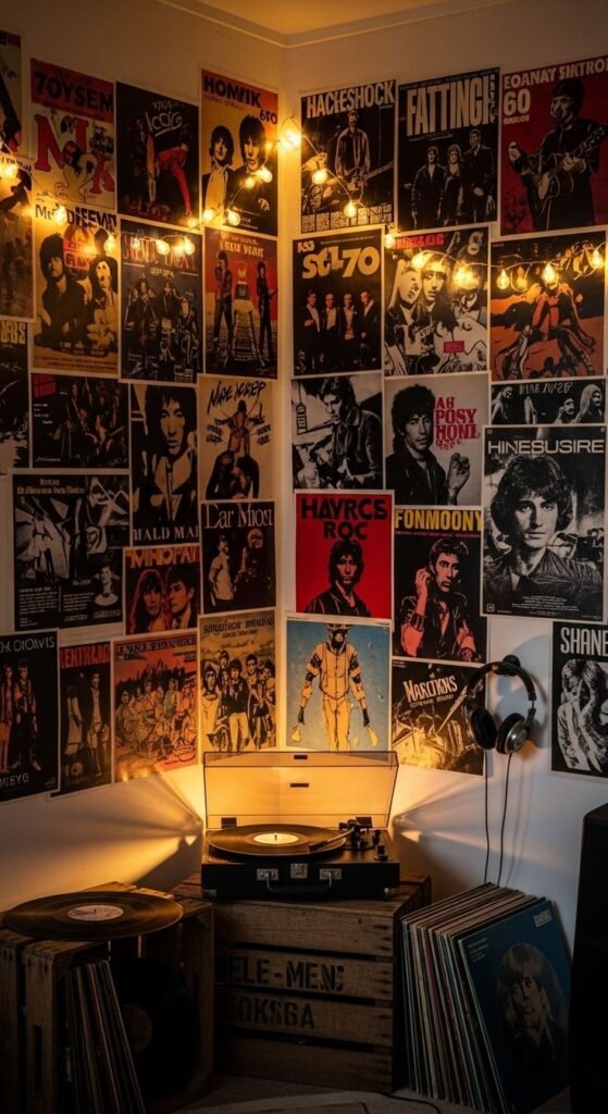 Cozy room with vinyl records and vintage band posters on the wall, illuminated by warm string lights. Perfect retro music vibe.