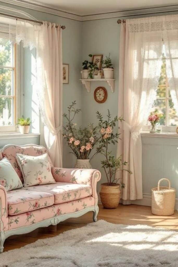 Cozy vintage living room with floral sofa, sheer curtains, indoor plants, and natural light. Perfect for relaxing.