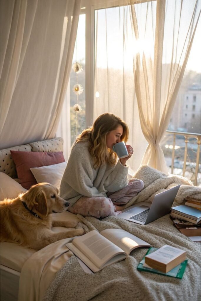 13d0af57-57b4-4acf-bb3a-0ea9a7b0a4ab Person enjoying coffee in cozy bed with laptop, books, and dog, by a sunlit window with curtains. Relaxed morning vibes. - Handy Home Person enjoying coffee in cozy bed with laptop, books, and dog, by a sunlit window with curtains. Relaxed morning vibes.