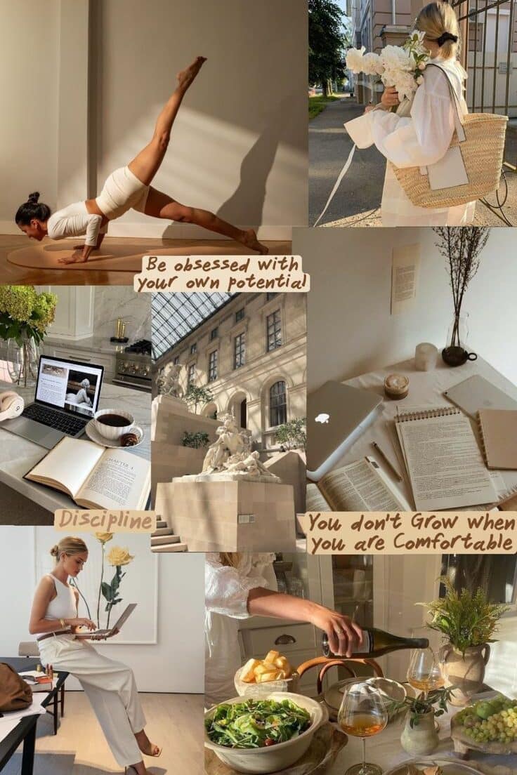 13dd735a-aa17-4acb-99b6-d218a9f2961b Collage of minimalistic lifestyle: yoga, nature, working on laptop, healthy meals, and motivational quotes on growth and discipline. - Handy Home Collage of minimalistic lifestyle: yoga, nature, working on laptop, healthy meals, and motivational quotes on growth and discipline.