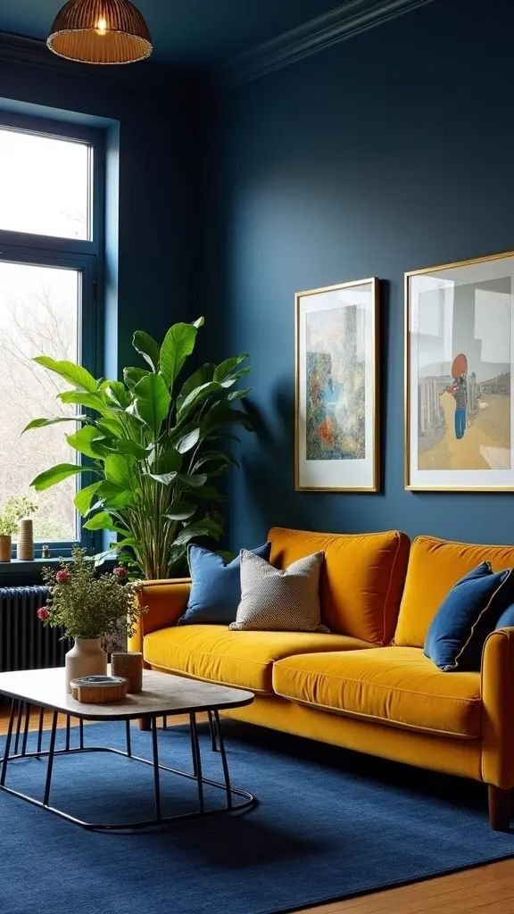Modern living room with blue walls, yellow sofa, houseplant, and framed art. Cozy ambiance with natural light and stylish decor.
