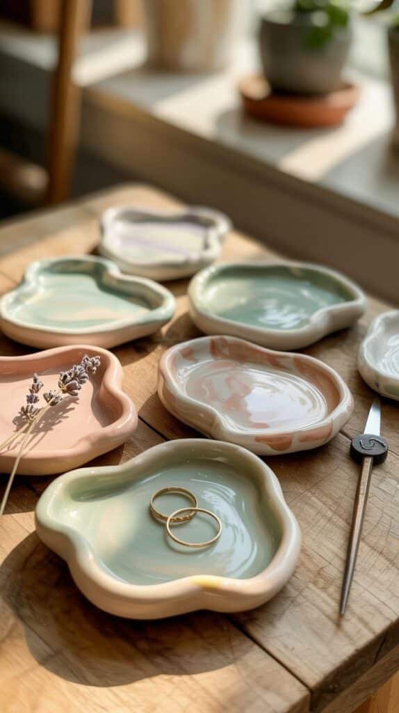 Ceramic trinket dishes with pastel tones on a wooden table, featuring gold rings and dried lavender in natural sunlight.