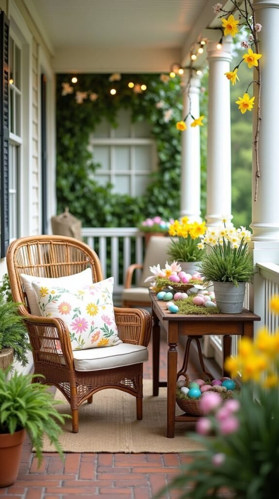 Cozy spring porch with wicker chair, floral pillow, festive Easter decor, potted plants, and string lights. Ideal outdoor relaxation.