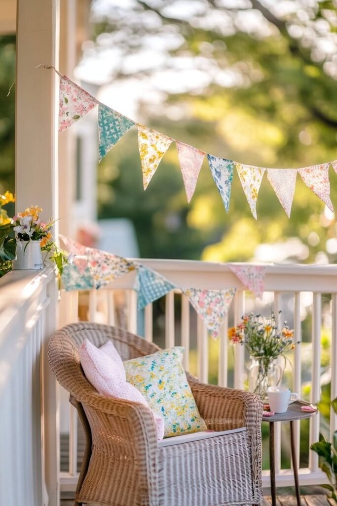 Cozy porch with a wicker chair and colorful bunting, perfect for a relaxing afternoon with coffee and flowers in bloom.