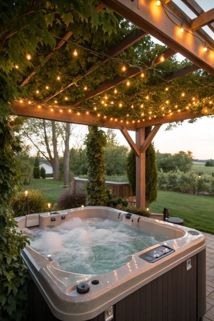 Outdoor hot tub under a pergola adorned with string lights, surrounded by greenery at sunset, creating a cozy backyard retreat.