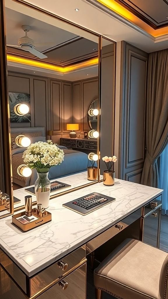Elegant bedroom vanity setup with marble table, flowers, cosmetics, and illuminated mirror, creating a luxurious and cozy ambiance.