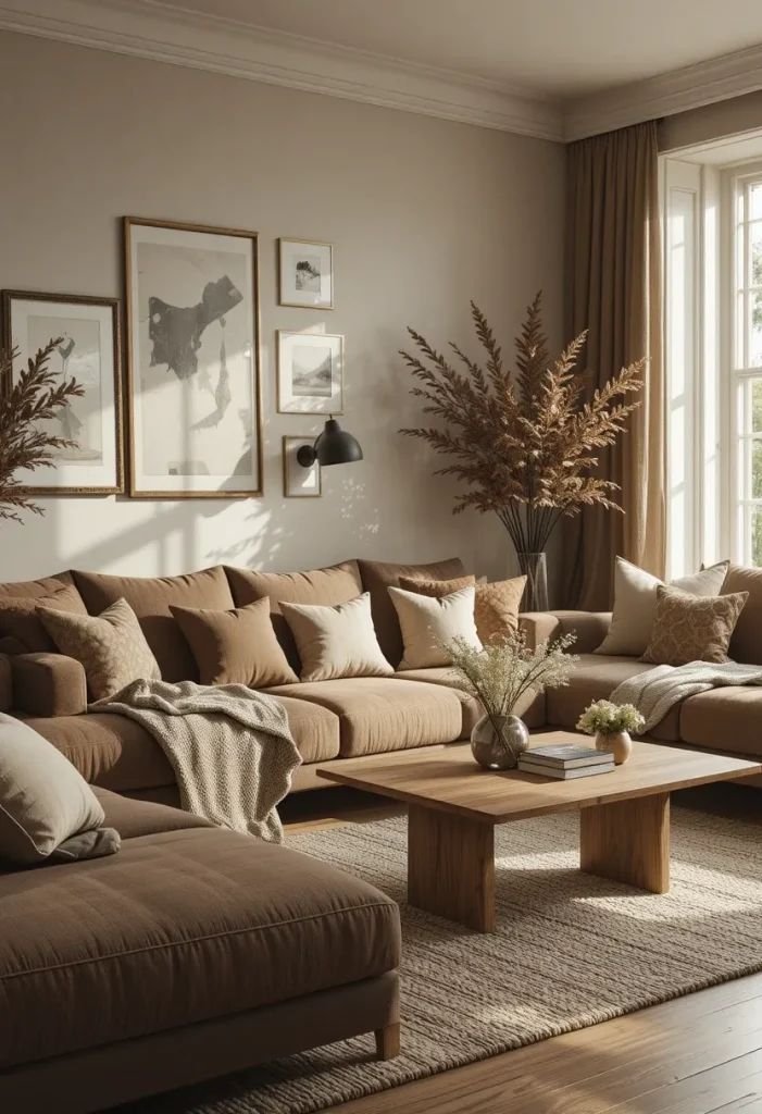 Cozy modern living room with beige sectional sofa, decorative pillows, wooden coffee table, and wall art in natural light.