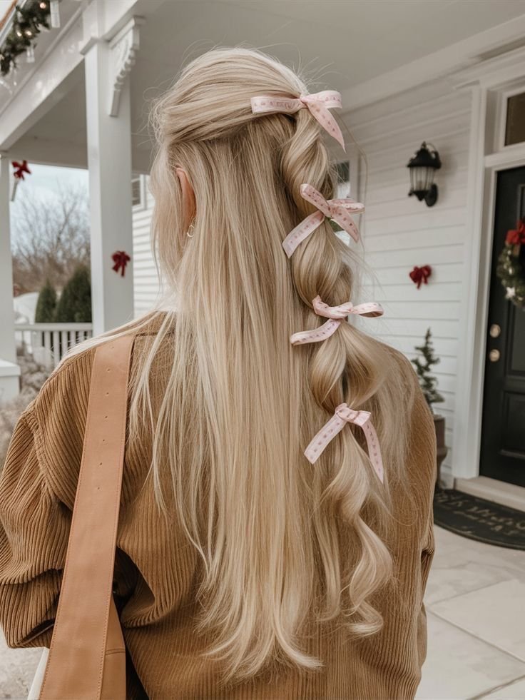 1c3f1dce-395a-4d45-b402-db271bd15238 Blonde girl with half-up braided hairstyle adorned with pink bows, standing outside a white house with festive decorations. - Handy Home Blonde girl with half-up braided hairstyle adorned with pink bows, standing outside a white house with festive decorations.
