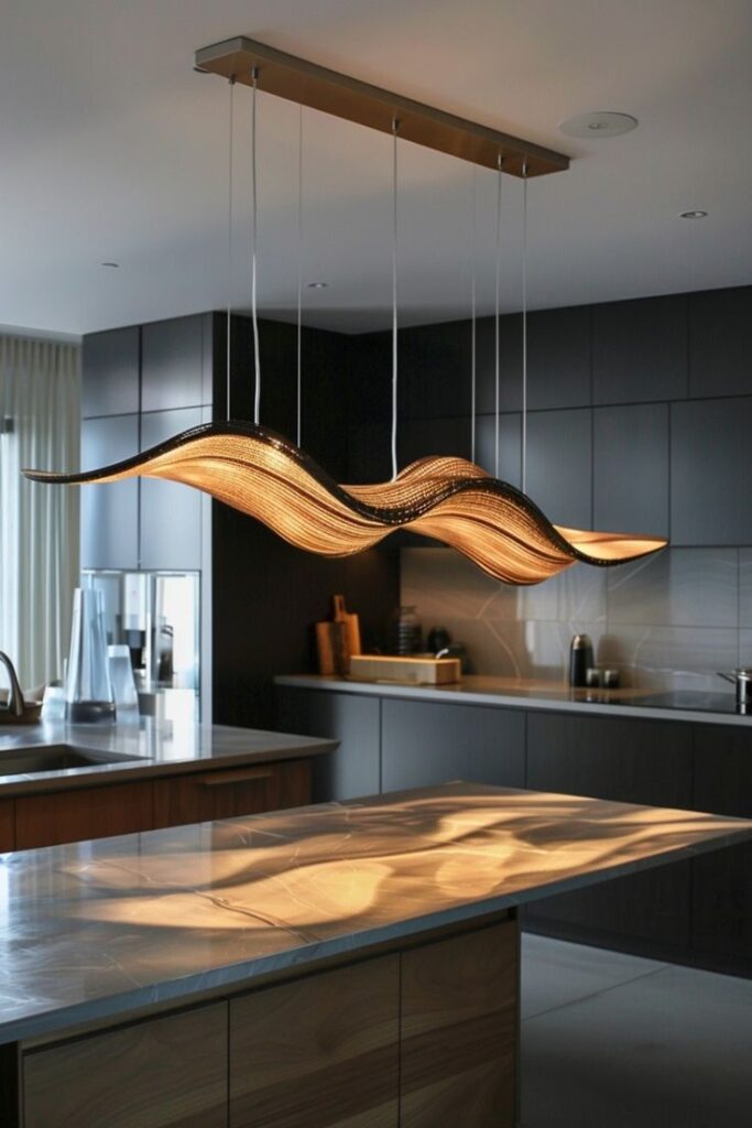 1e68f2c0-08ba-412d-a8bb-ef0fb2a4ba56 Modern kitchen with a wave-shaped pendant light over a marble island, creating warm ambient lighting. - Handy Home Modern kitchen with a wave-shaped pendant light over a marble island, creating warm ambient lighting.