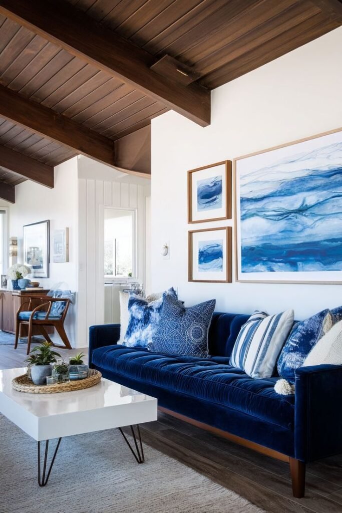 Stylish living room with navy velvet sofa, abstract blue art, wooden ceiling, and modern decor accents for a cozy, elegant vibe.