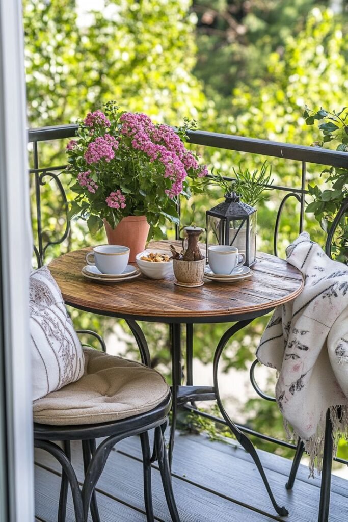 Cozy balcony with wooden table, flowers, and coffee setup. Ideal spot for a relaxing morning with greenery in the background.