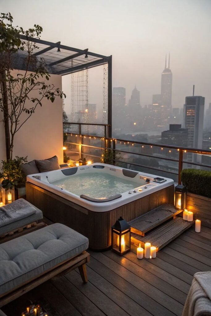 Luxurious rooftop hot tub oasis with city skyline view, ambient candles, and cozy seating for ultimate relaxation. Outdoor Jacuzzi