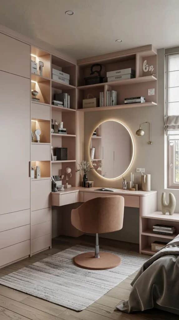 Elegant pink vanity area with shelving, round mirror, and plush chair, creating a cozy and stylish workspace.