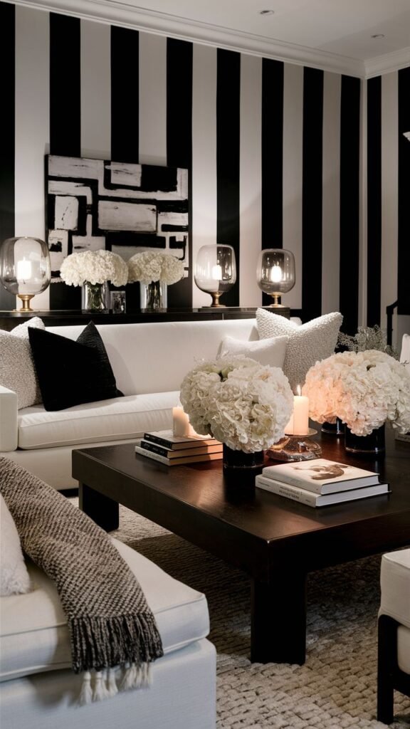 Sophisticated black and white living room with striped walls, cozy sofas, and floral decor on a dark wood coffee table.