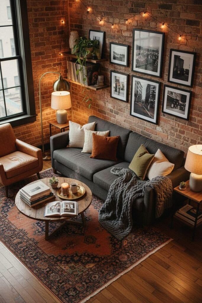 Cozy living room with a gray sofa, vintage decor, string lights, and a gallery wall, creating a warm, inviting ambiance.