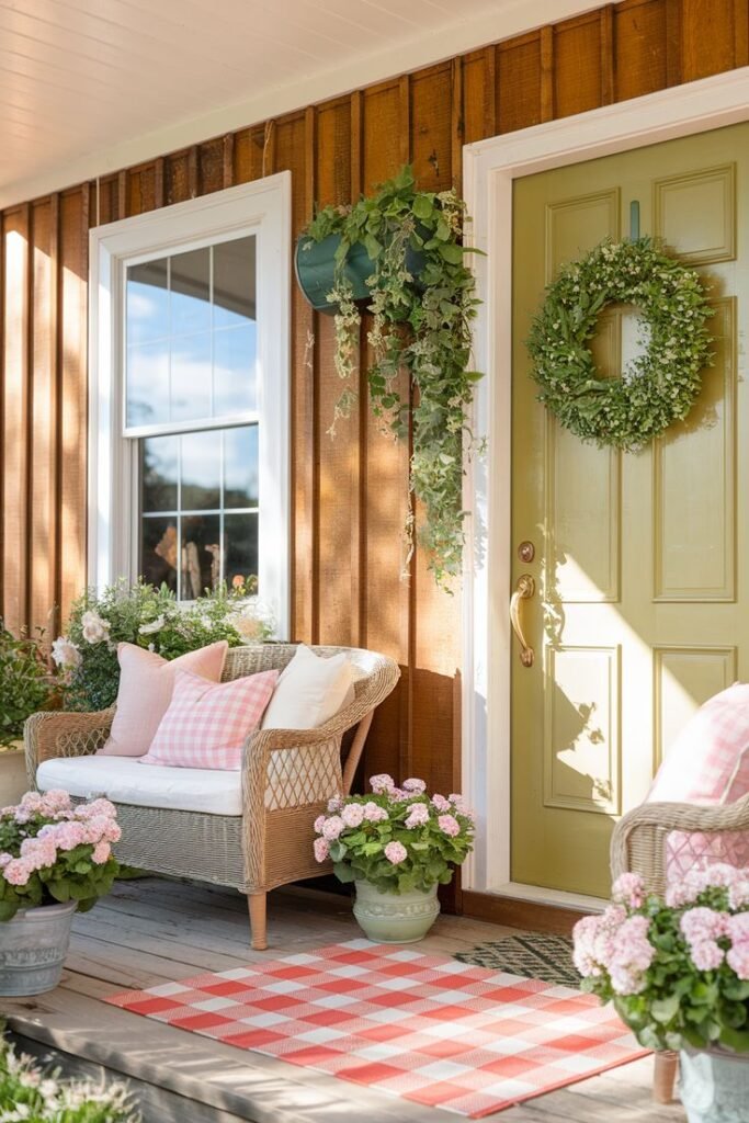 Cozy porch with a wicker sofa, pink cushions, potted flowers, and a green front door adorned with a wreath and hanging plants.