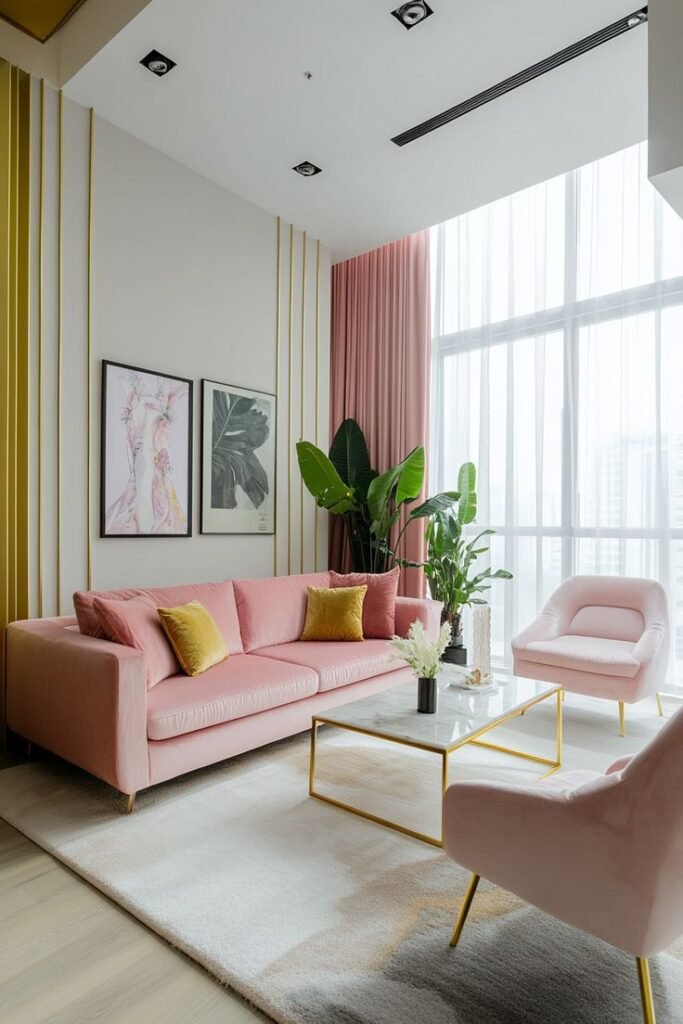 Modern living room with pink sofa and armchair, marble coffee table, plants, and stylish decor under soft natural light.