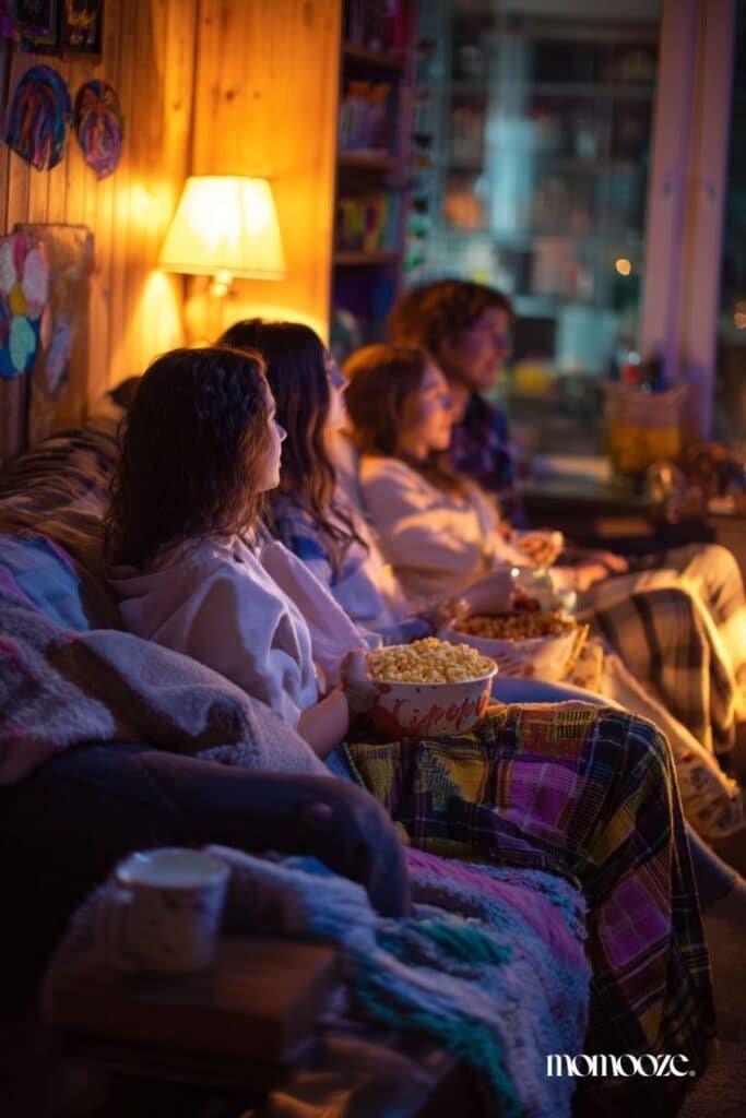 23+ Things to Do at a Sleepover_ Fun BFF Night Ideas for Teens Cozy night in: Friends enjoy popcorn and movies on a comfy couch with warm lighting. Perfect evening relaxation. - Handy Home Cozy night in: Friends enjoy popcorn and movies on a comfy couch with warm lighting. Perfect evening relaxation.
