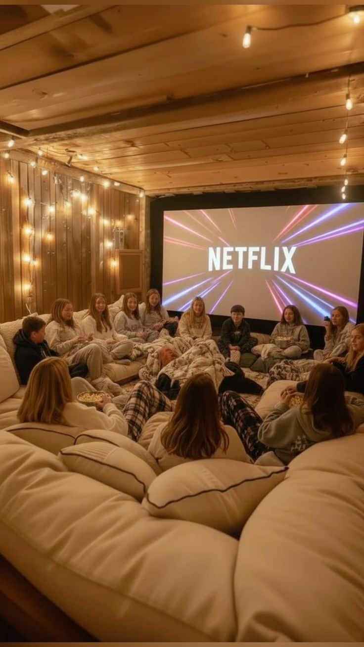 239c555e-be24-4da3-b4f3-04cd3fd10ae7 Cozy movie night with friends in a home theater, lounging on a large couch, watching Netflix under warm string lights. - Handy Home Cozy movie night with friends in a home theater, lounging on a large couch, watching Netflix under warm string lights.