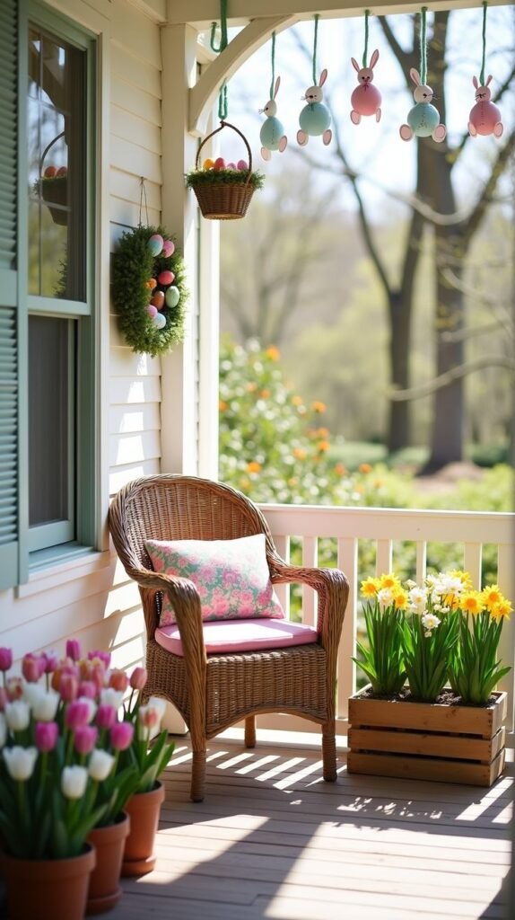 Charming porch decor with wicker chair, spring flowers, and hanging Easter ornaments in a sunny garden setting.