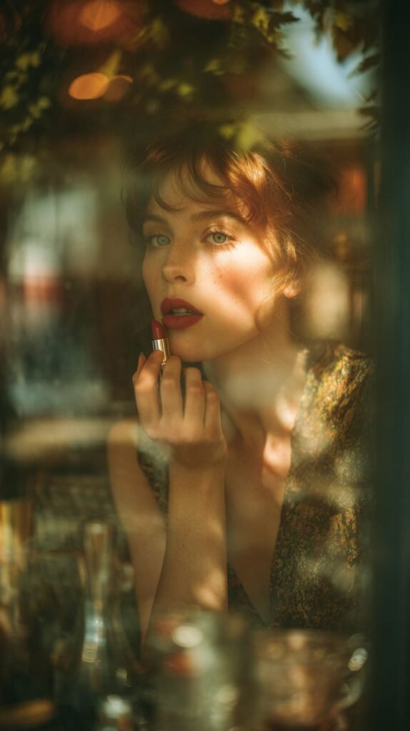 2657baf8-248b-47b7-90b5-7945380bd528 A woman applies red lipstick, gazing thoughtfully through a window, with sunlight casting gentle shadows on her face. - Handy Home A woman applies red lipstick, gazing thoughtfully through a window, with sunlight casting gentle shadows on her face.
