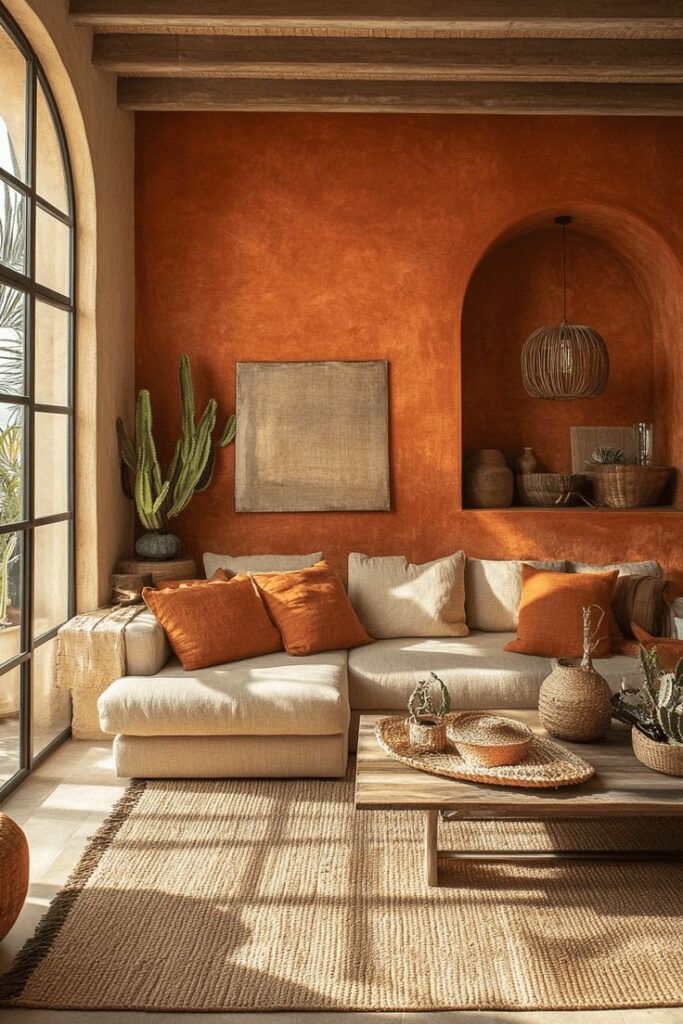 28 Light and Airy Apartment Inspirations for a Happier Home Cozy living room with terracotta walls, beige sofa, orange pillows, and natural decor. Sunlit space with plants and rustic accents. - Handy Home Cozy living room with terracotta walls, beige sofa, orange pillows, and natural decor. Sunlit space with plants and rustic accents.