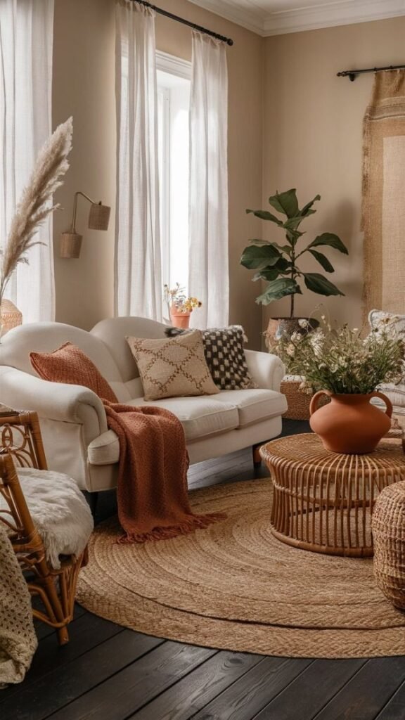 Cozy living room with white sofa, wicker table, and boho decor. Earthy tones and plants create a warm, inviting atmosphere.