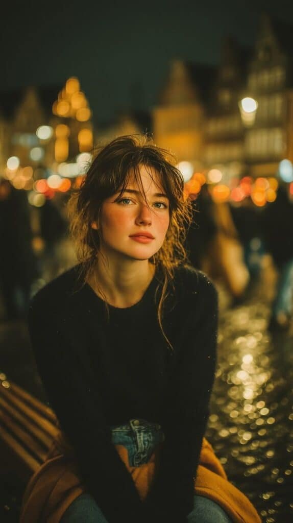 33089938-a26d-4f6a-8492-7ba963e902b8 Young woman sitting outdoors at night with vibrant city lights in the background, wearing a cozy sweater and jeans. - Handy Home Young woman sitting outdoors at night with vibrant city lights in the background, wearing a cozy sweater and jeans.