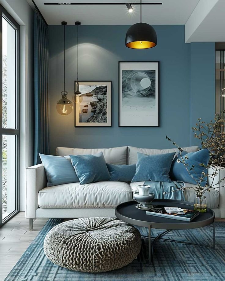 Modern living room with blue accents, cozy sofa, decorative pillows, stylish lighting, framed art, and a round coffee table.