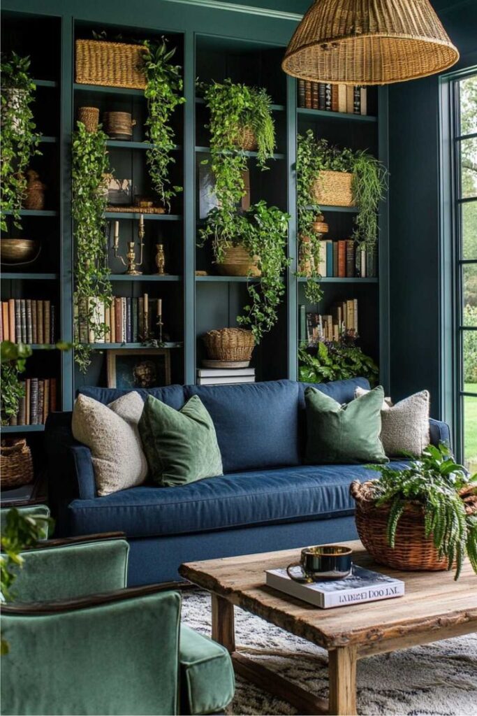35 Blue and Green Living Room Ideas 6 Cozy living room with blue sofa, green plants on shelves, woven decor, and rustic wooden table, creating a natural, inviting atmosphere. - Handy Home Cozy living room with blue sofa, green plants on shelves, woven decor, and rustic wooden table, creating a natural, inviting atmosphere.