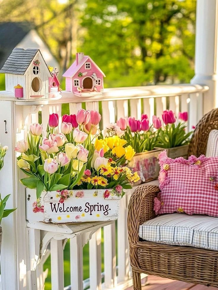 Spring flowers in a planter with Welcome Spring sign, wicker chair, cushion, and decorative birdhouses on a porch.