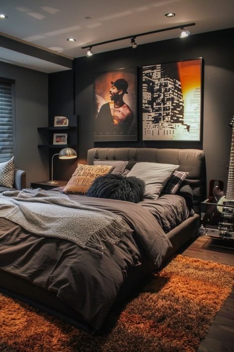 Cozy modern bedroom with stylish decor, rich colors, and wall art. Features a guitar and plush bedding for a relaxed vibe.