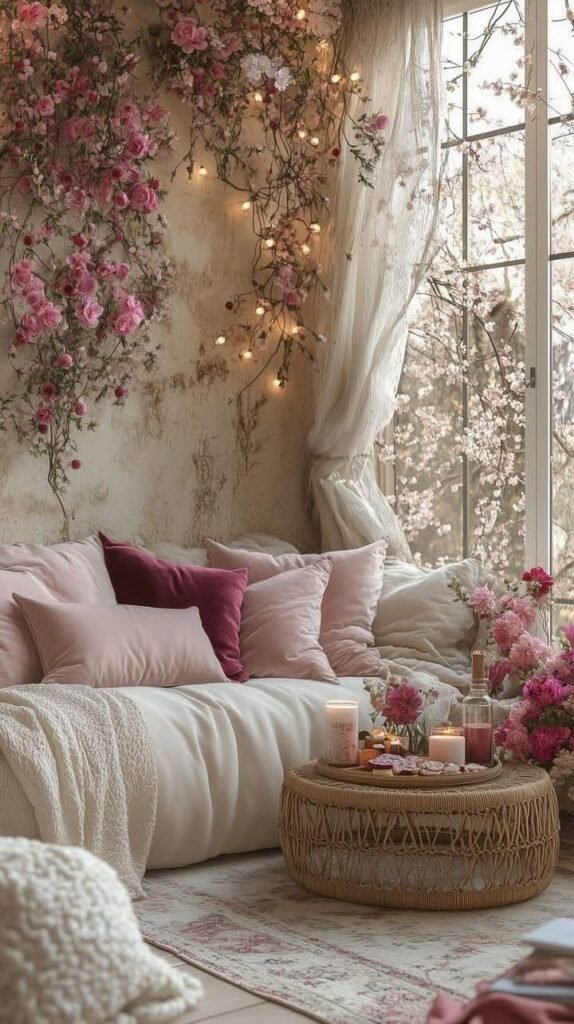 Cozy boho bedroom with pink pillows, floral decor, and candles on a woven table, creating a romantic, serene atmosphere by the window.