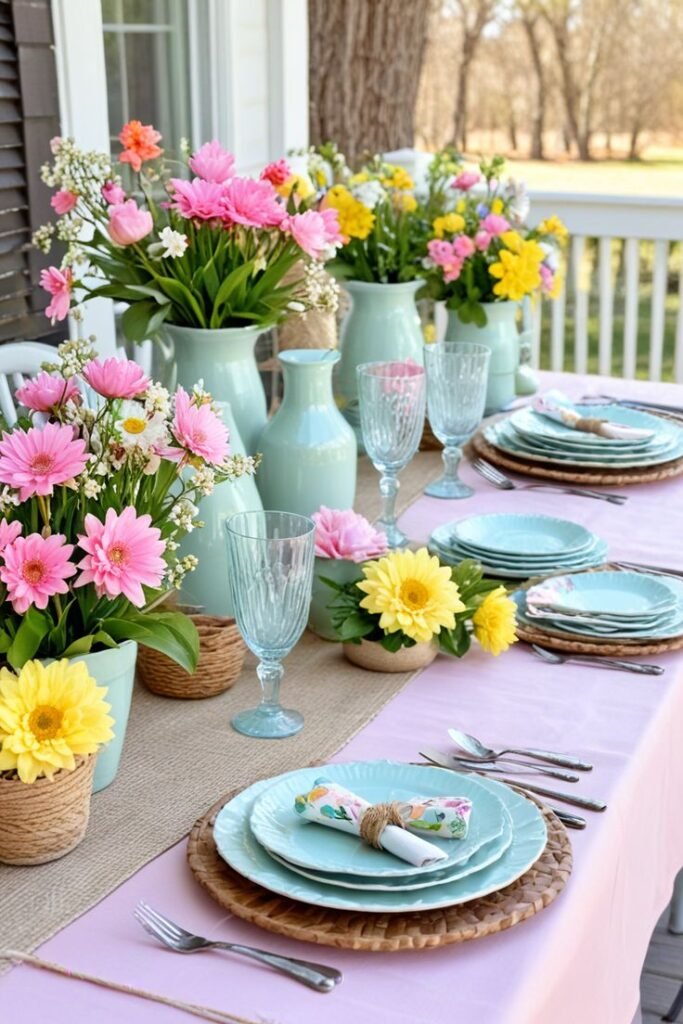 Elegant spring table setting with pastel plates, floral bouquets, and glassware on a patio, perfect for an outdoor gathering.