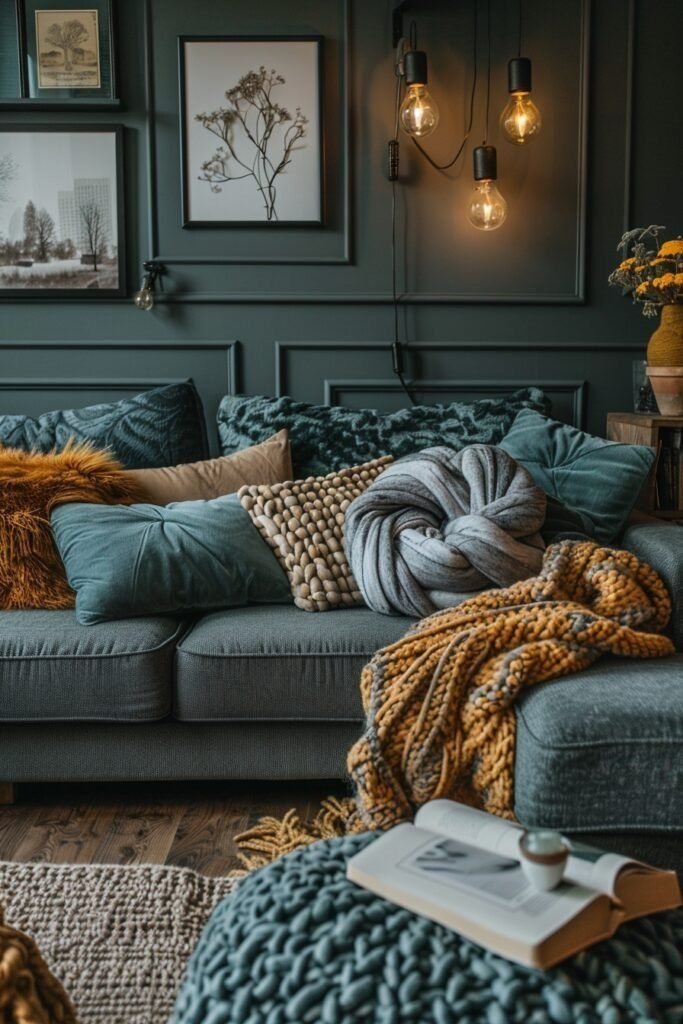 Cozy living room with plush sofa, knit blankets, pillows, and warm lighting. Perfect for relaxing or reading a book.
