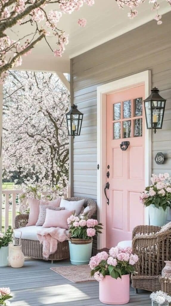 Charming porch with pink door, wicker furniture, and blooming hydrangeas. Serene spring decor and elegant cherry blossoms in view.