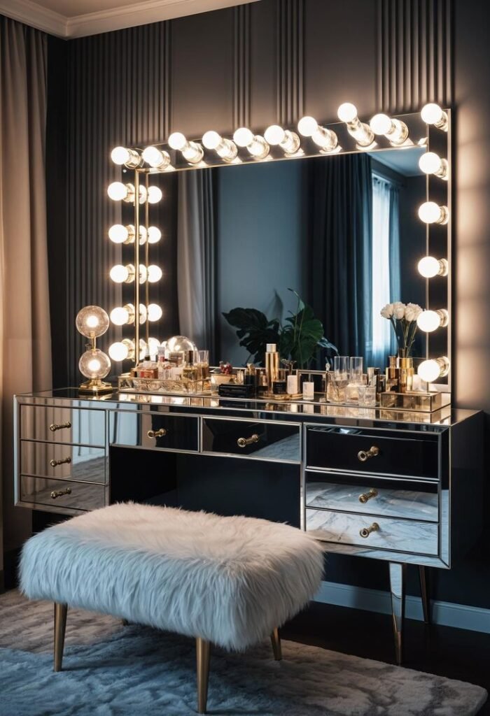 Luxurious makeup vanity with illuminated mirror, fluffy stool, and stylish decor. Perfect for elegant beauty routines.