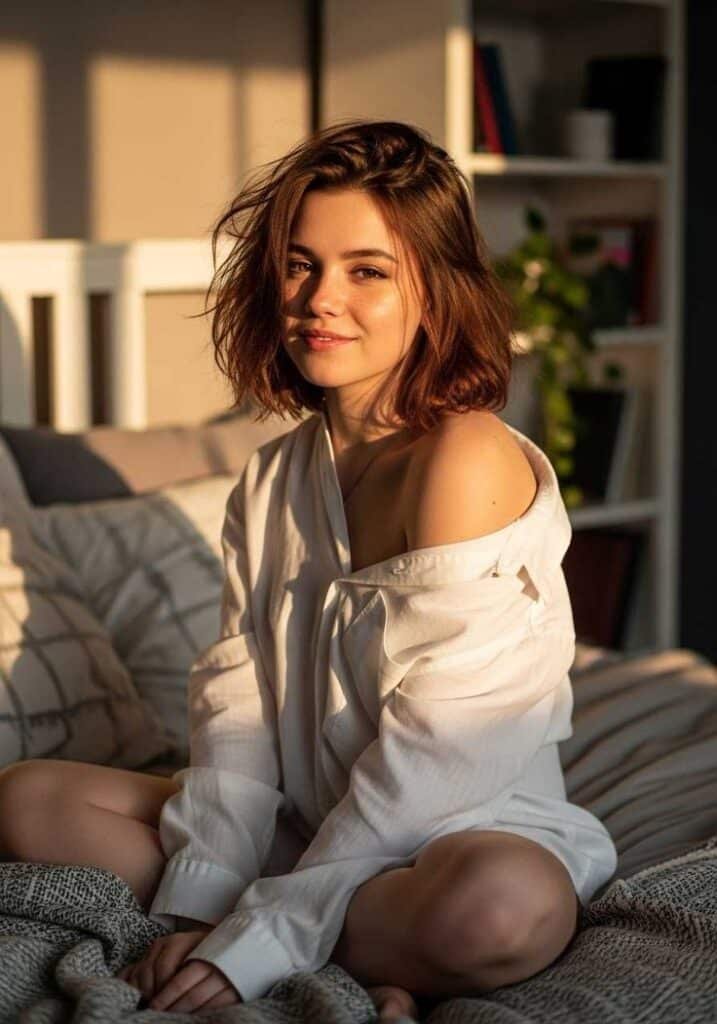 Beautiful Girls Portraits Young woman smiling softly, sitting on a bed in warm sunlight, wearing a white shirt in a cozy bedroom setting. - Handy Home Young woman smiling softly, sitting on a bed in warm sunlight, wearing a white shirt in a cozy bedroom setting.