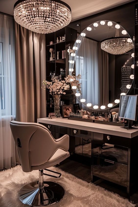 Elegant vanity table with illuminated mirror, luxurious chandelier, and plush chair in a chic makeup room.