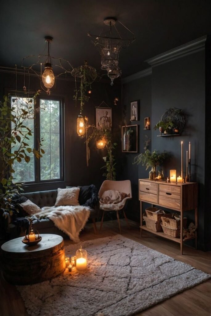 Cozy living room with dark walls, warm lighting, plants, candles, and rustic decorations, creating a relaxing and inviting atmosphere.