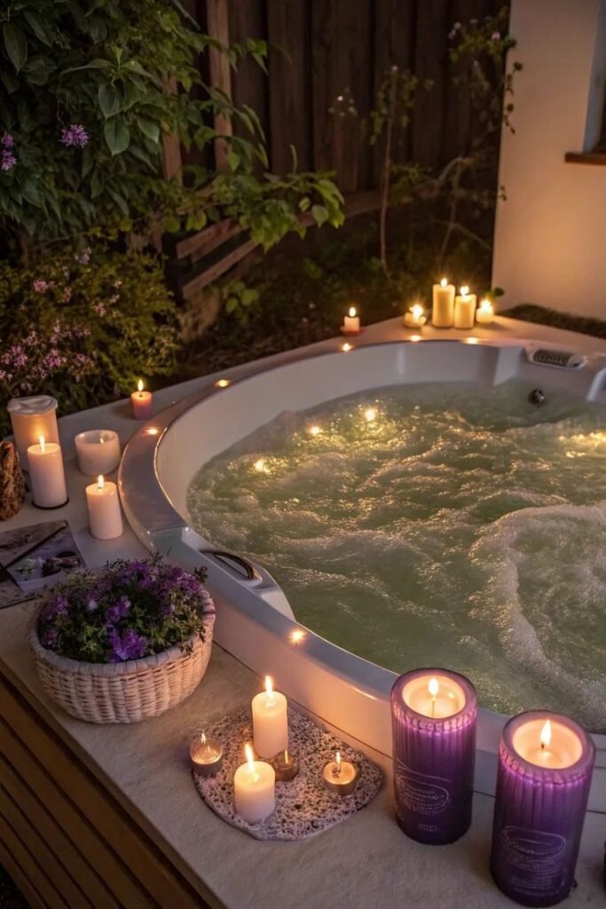 Outdoor hot tub surrounded by lit candles and flowers, creating a cozy, serene evening setting for relaxation and tranquility.
