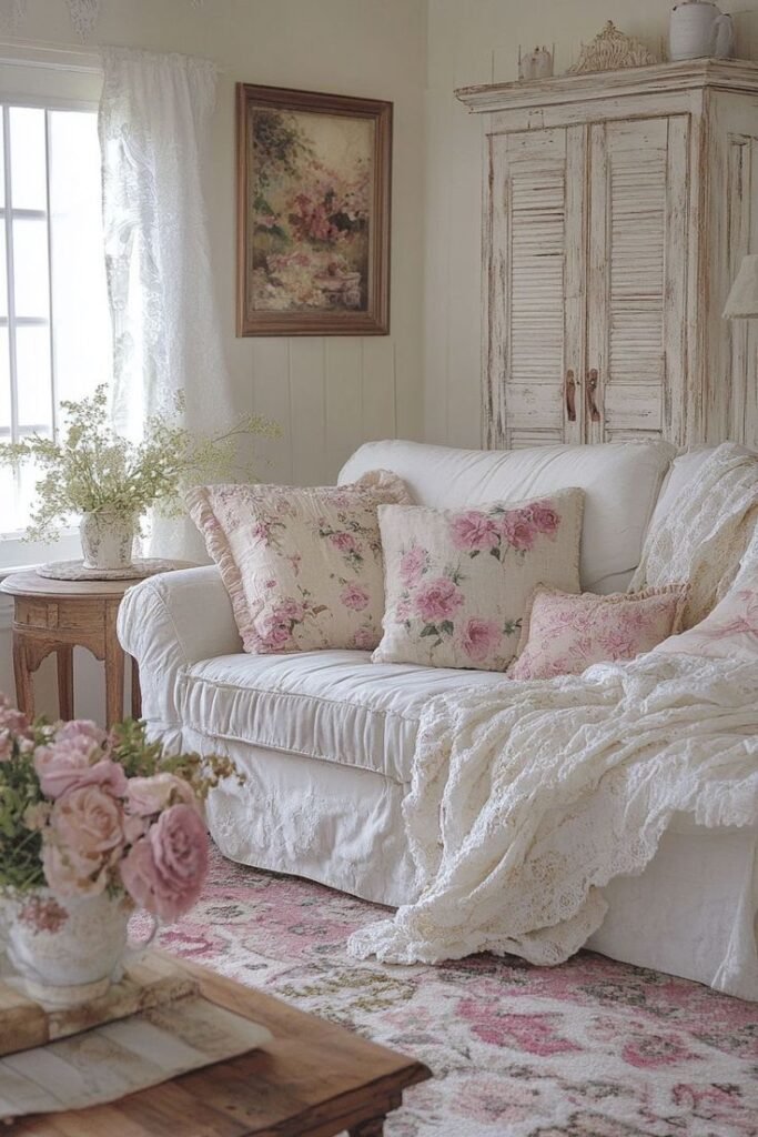 Cozy vintage living room with floral decor, white sofa, lace throw, and rustic cabinet, exuding charming cottage style.