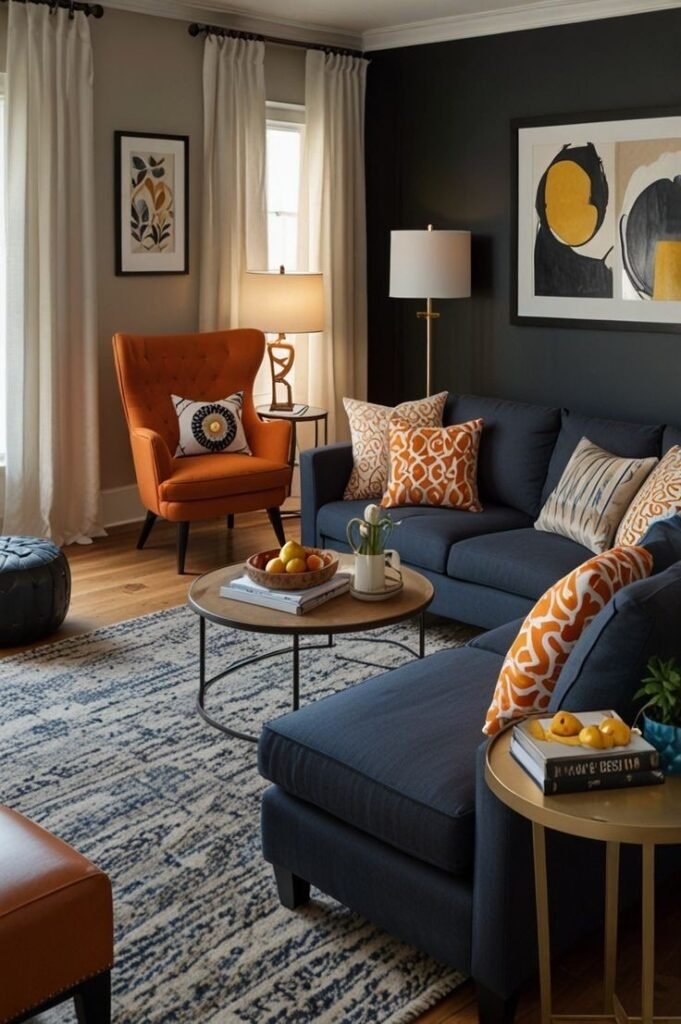 Stylish living room with navy sofa, orange armchair, abstract art, and cozy pillows. Modern decor in a warm and inviting space.