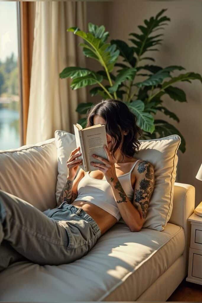87a570f2-a402-4b73-b150-fd0de8913d11 Woman relaxing and reading book on a cozy sofa beside a large potted plant, enjoying natural light from a nearby window. - Handy Home Woman relaxing and reading book on a cozy sofa beside a large potted plant, enjoying natural light from a nearby window.