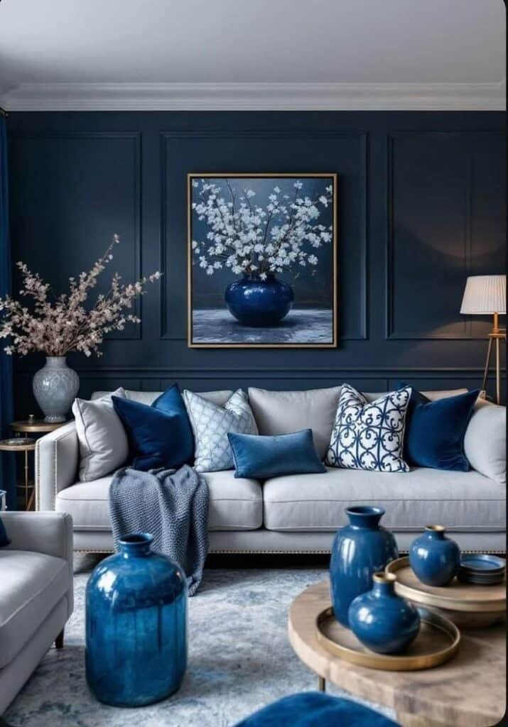 Elegant living room with blue decor, pillows, and vases; soft gray sofa and floral wall art complete the stylish look.
