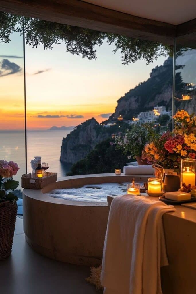 Luxurious cliffside spa with candles, overlooking a breathtaking sunset view of the ocean and mountains. Ultimate relaxation haven.