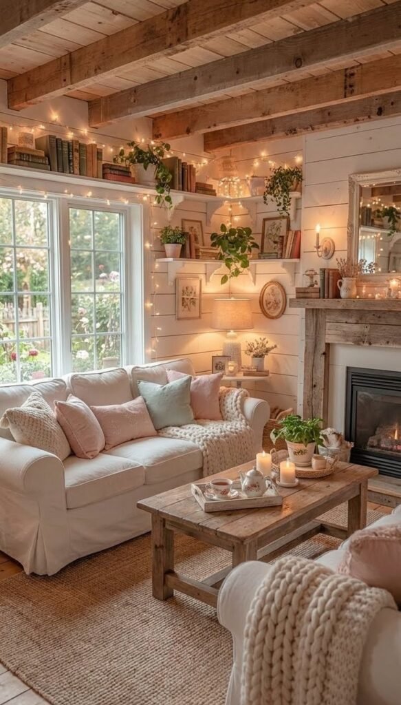 Cozy rustic living room with soft lights, white sofa, wooden beams, and fireplace, perfect for relaxing ambiance.