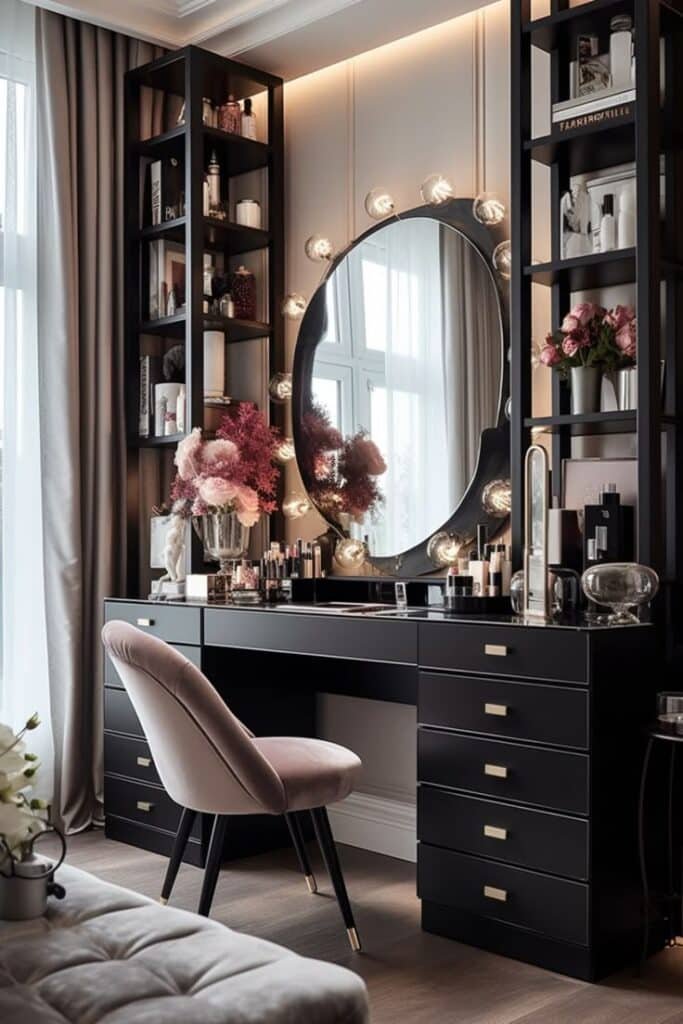 Elegant vanity setup with a round mirror, soft pink chair, and makeup essentials in a luxurious, well-lit room.