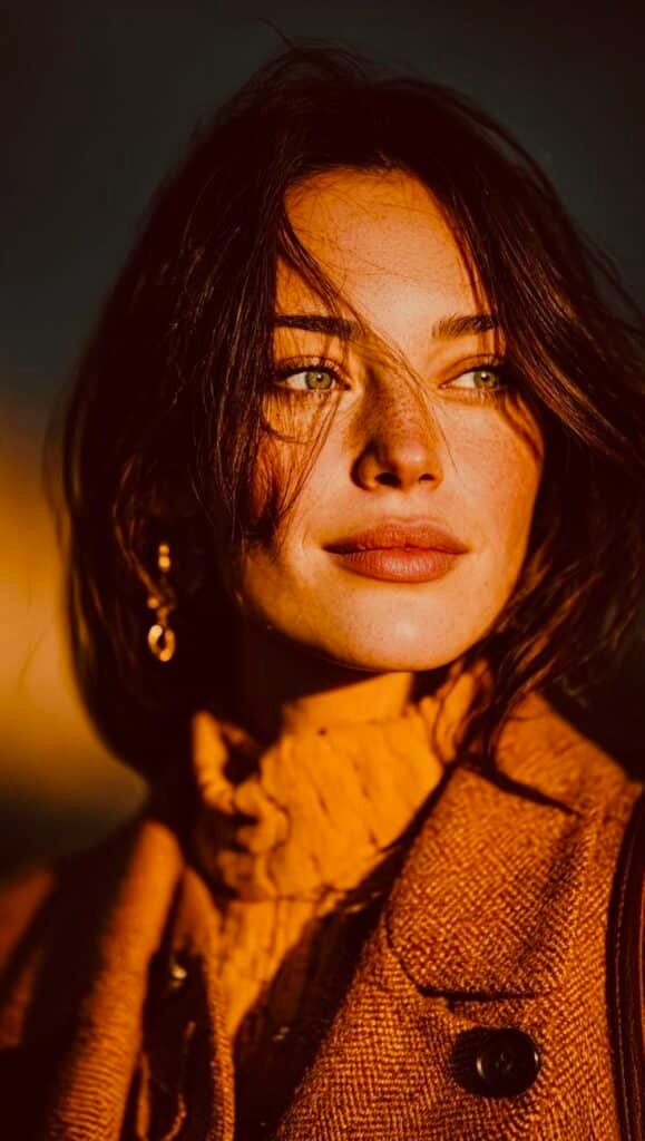 Screenshot Woman with green eyes and freckles gazing into the distance in golden sunlight, wearing a brown coat and earrings. - Handy Home Woman with green eyes and freckles gazing into the distance in golden sunlight, wearing a brown coat and earrings.